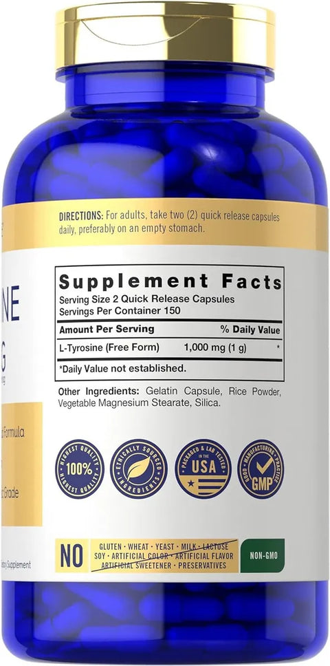 300 Cápsulas de L-tyrosine Premium con 1000mg por servicio - Carlyle