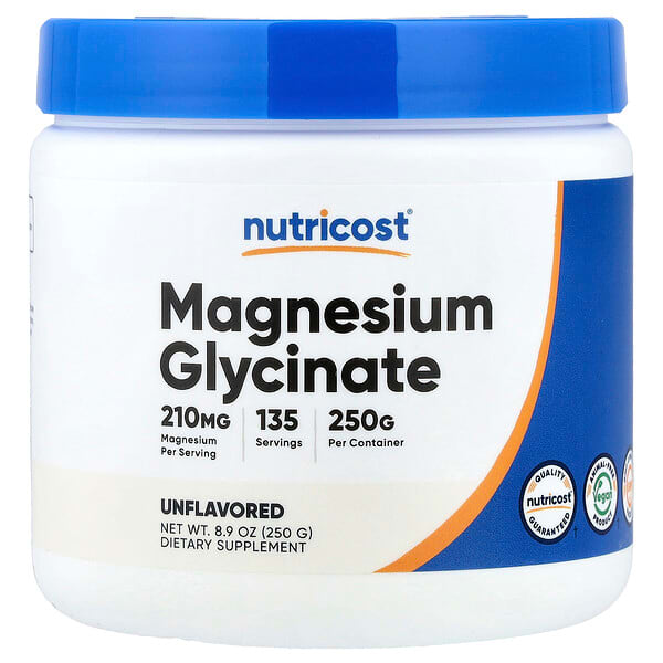 Frasco oficial Nutricost Glicinato de Magnesio en polvo, 250 g