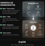 NMN - 60 Cápsulas con 1000mg β-Nicotinamida Mononucleótido + Resveratrol + TMG + Bioperine®  por CELX