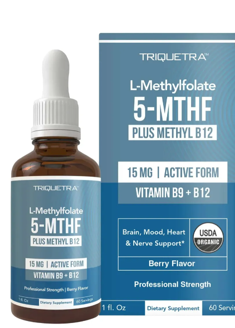 TRIQUETRA L-Methylfolate 5-MTHF Plus Methyl B12 15mg Gotas Orgánicas Berry Flavor – USDA Organic Professional Strength