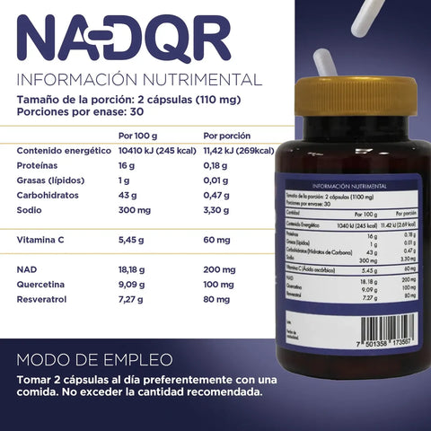 NAD-QR – Nartex Wellness | NAD + Resveratrol + Quercetina + Vit. C + Prebiótico | 60 Cápsulas
