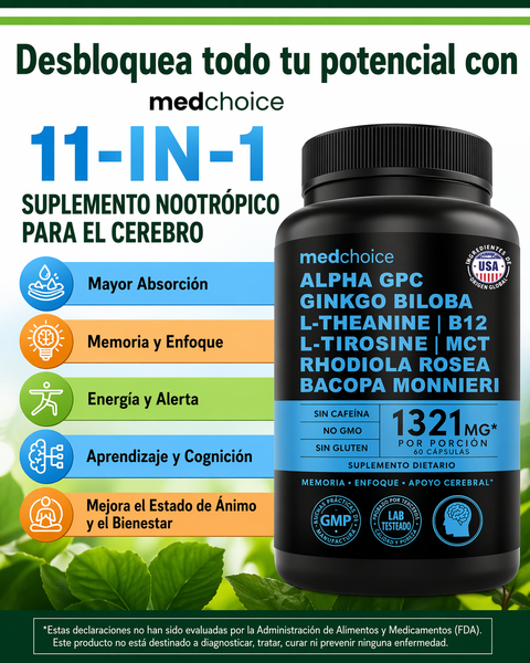 Nootrópico 11-EN-1 · 1321 mg · 60 Cápsulas · Medchoice · Sin Cafeína
