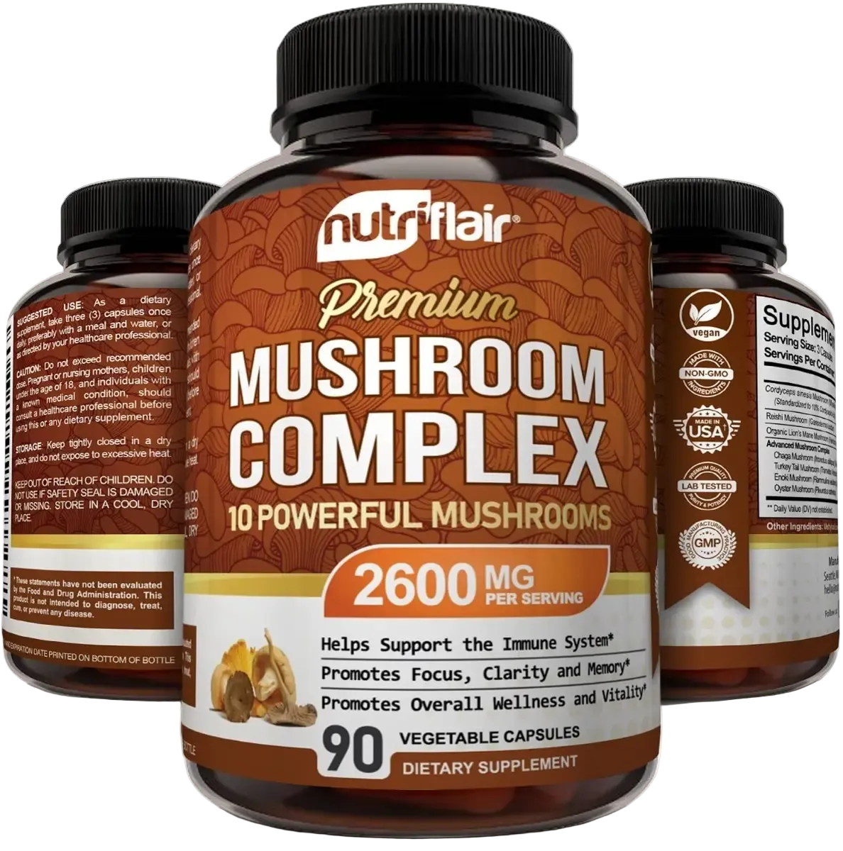 Premium Mushroom Complex 2600 mg · 90 Cápsulas Vegetales · NutriFlair · 10 Hongos