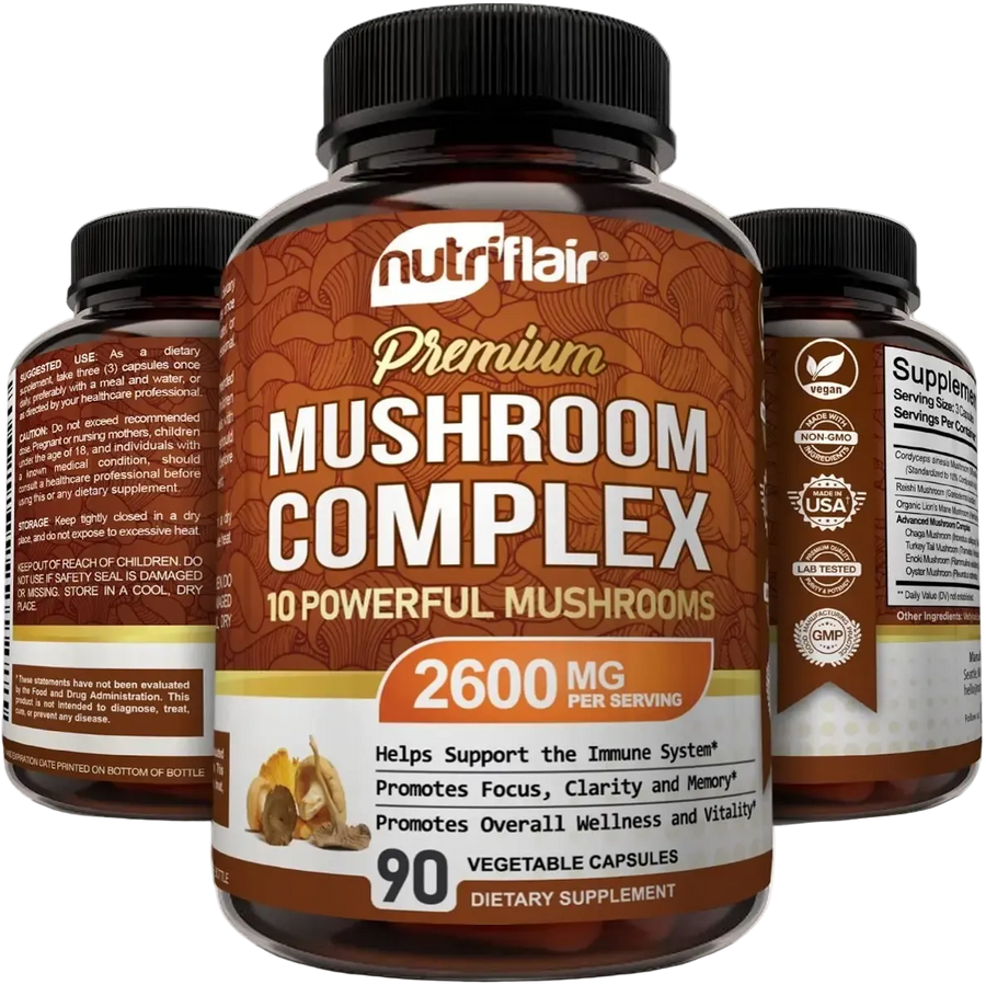 Premium Mushroom Complex 2600 mg · 90 Cápsulas Vegetales · NutriFlair · 10 Hongos
