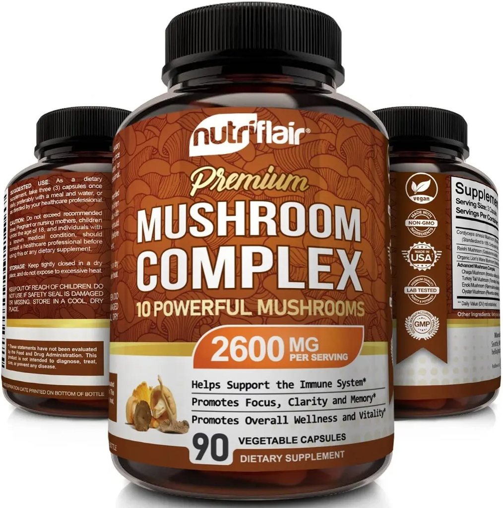 Premium Mushroom Complex 2600 mg · 90 Cápsulas Vegetales · NutriFlair · 10 Hongos