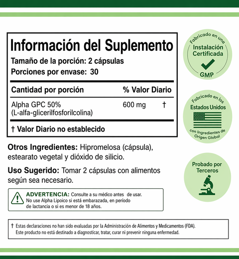 Alpha-GPC 300 mg · 60 Cápsulas · Double Wood Supplements · Fórmula Avanzada Memoria