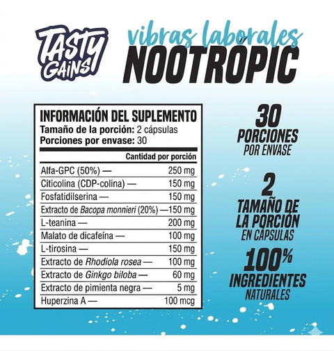 Work Vibes Nootropic · 60 Cápsulas · Tasty Gains · Memoria + Enfoque