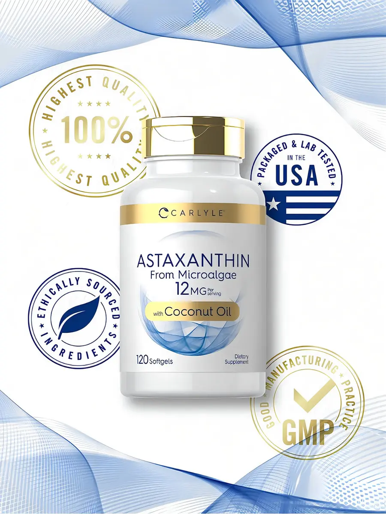 Astaxantina 12 mg · 120 Cápsulas Blandas · Carlyle · con Aceite de Coco Virgen